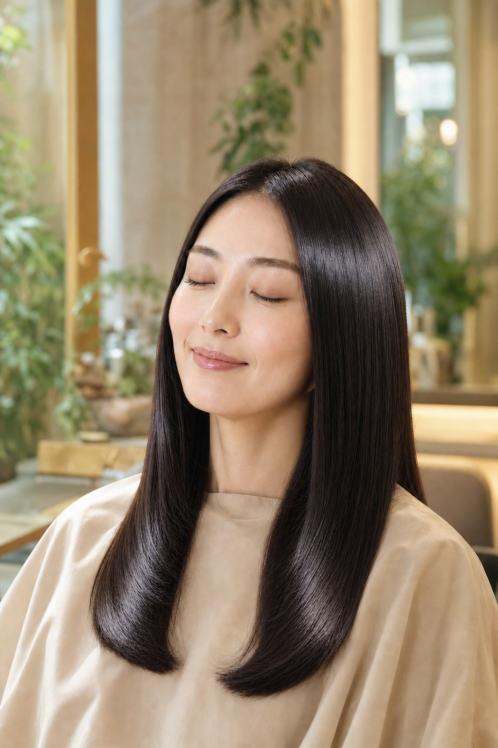 オーガニックトリートメントを受けて満ち足りた表情の女性